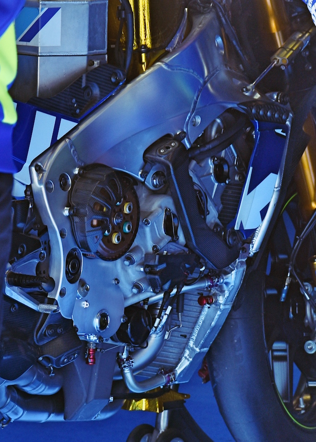 An under-the-fairing view of the Suzuki MotoGP chassis with carbon front engine mount