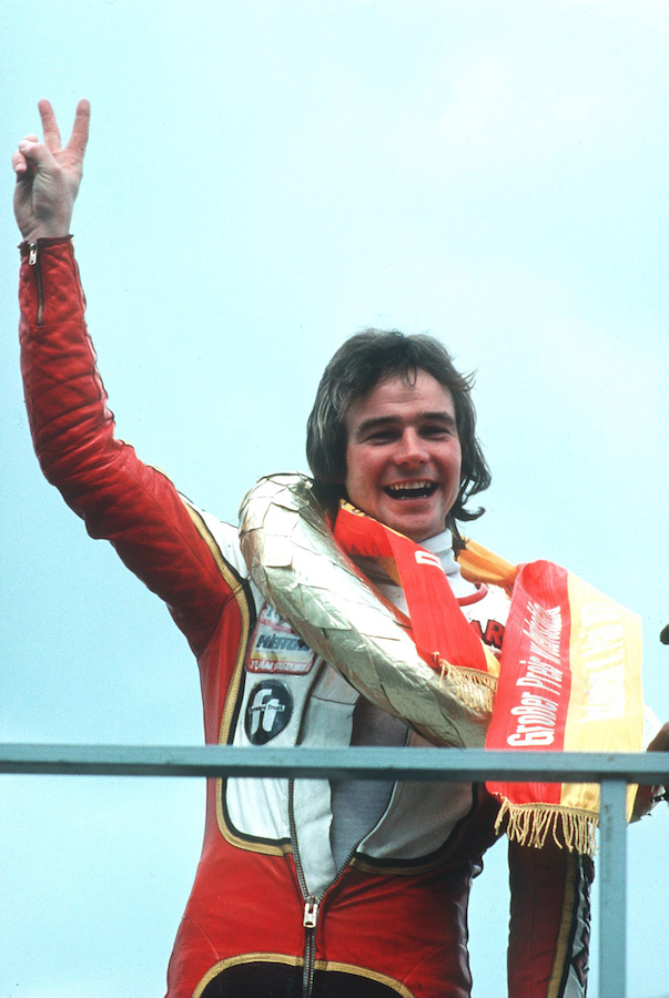 1977: BARRY SHEENE CELEBRATES AFTER WINNING THE GERMAN FORMULA ONE RACING GRAND PRIX AT HOCKENHEIM. Mandatory Credit: Allsport UK/ALLSPORT