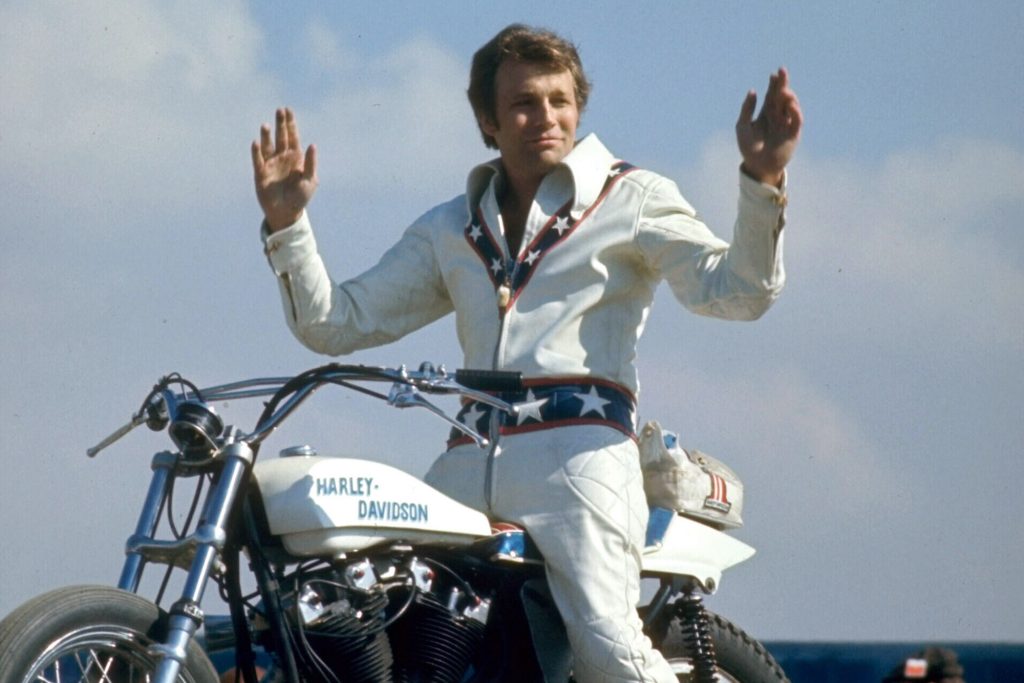 Motorcycle daredevil Evel Knievel poised on his Harley-Davidson. (Photo by Ralph Crane//Time Life Pictures/Getty Images)