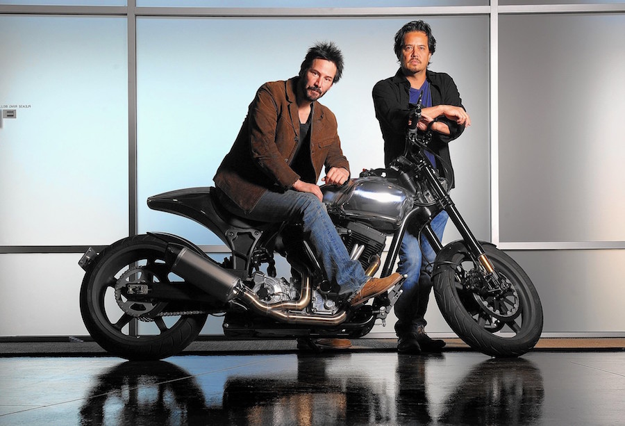 HAWTHORNE, CALIFORNIA OCOTBER 29, 2014-Actor Keanu Reeves, left, and Gard Hollinger have teamed to create Arch Motorcycles, makers of high-performance, and very expensive, motorcycles in Hawthorne. (Wally Skalij/Los Angeles Times)