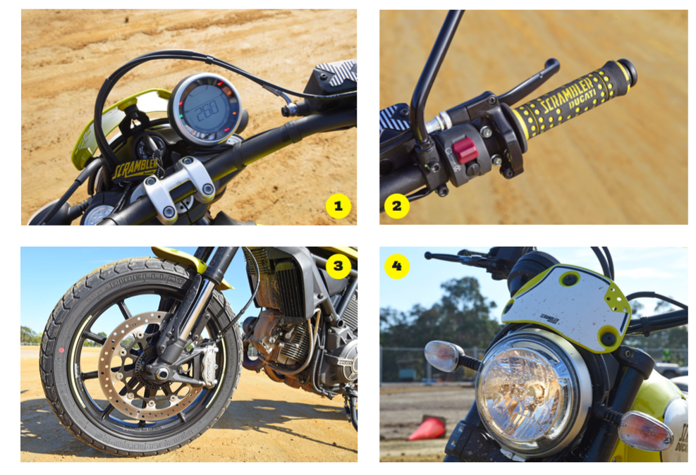 1. Standard Scrambler dash makes you want to rock around the clock 2. Special flat track hand grips 3. Alloy spoke wheels 4. Sport headlight fairing is made for fast speeds and style, rather than roost protection