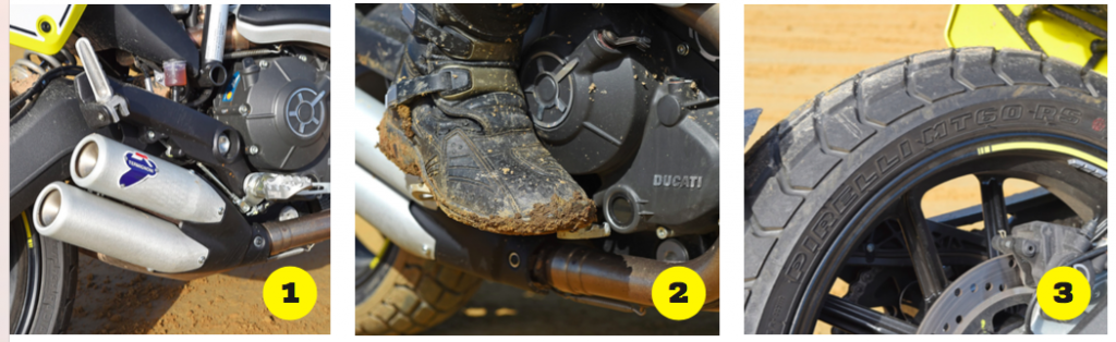 1. Sweet sounds from the Termignoni slip-on exhaust 2. Same Scrambler donk, just dirtier 3. Pirelli MT60s come standard with the Pro, but if you really want to go off road, perhaps think about knobbies 