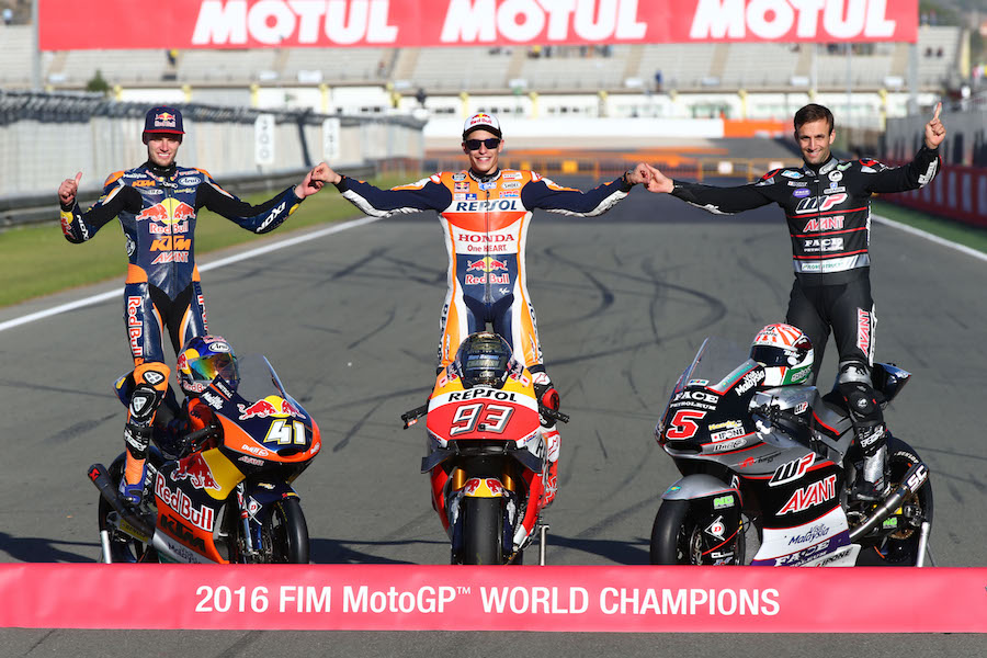 Binder, Marquez, Zarco, 2016 World Champions, Valencia MotoGP, 2016