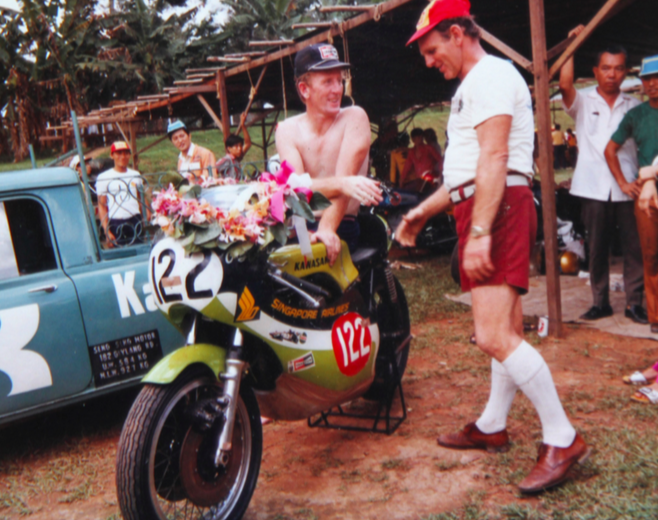Molloy and Ron Toombs. Ginger is on the H2R after his 1973 Singapore GP win