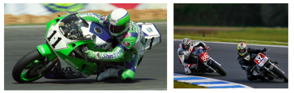 LEFT:On the Kawasaki ZXR750 in 1990 – the early days of the Superbike World Championship RIGHT: Phillis and the Mick Hone Suzuki GSX1100 lead at Phillip Island