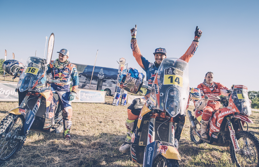 Sam Sunderland (GBR) of Red Bull KTM Factory Team at the finish line of stage 12 of Rally Dakar 2017 from Rio Cuarto to Buenos Aires, Argentina on January 14, 2017.