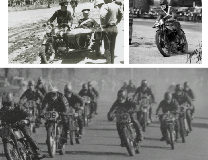 Left: In 1937, the crown sergeant conducts a briefing from the sidecar of an AJS outfit at Port Elliot, South Australia Right: Jimmy Pringle corners his Norton at the Vale Circuit in Bathurst in 1935