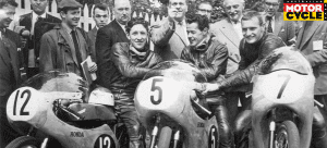 Mike Hailwood (right) dominated 1961 TT races in his debut taking both the 125cc and 250cc categories ahead of Luigi Taveri (centre) and Tom Phillis.