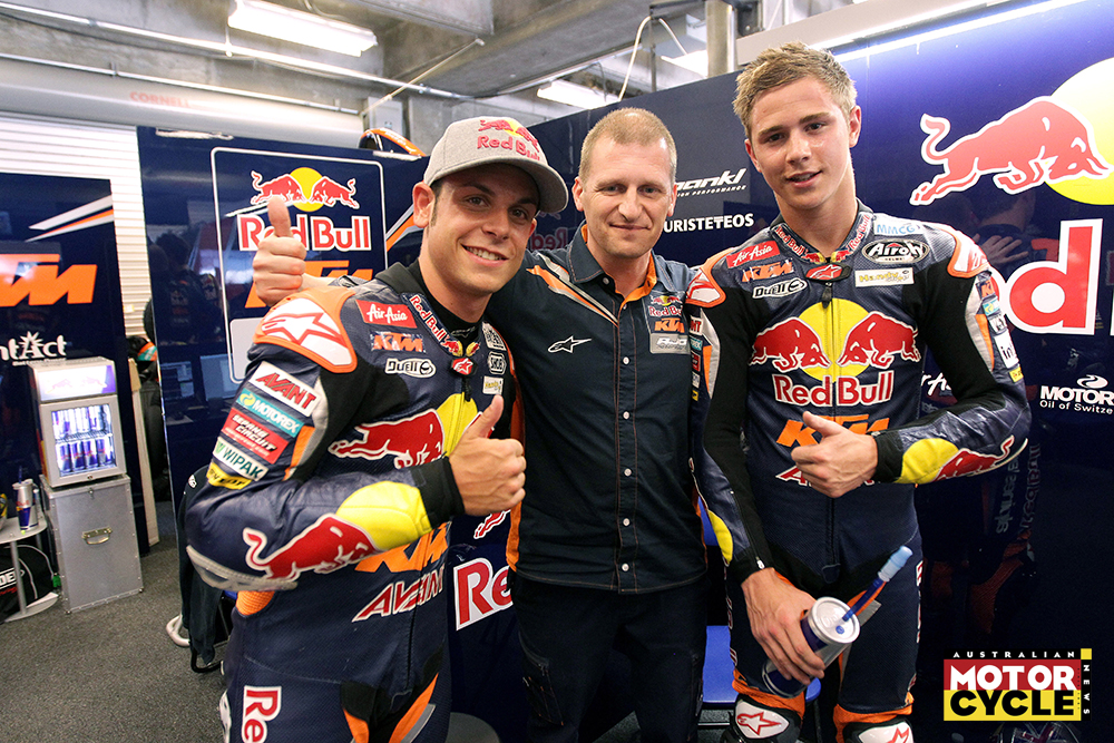 Sandro Cortese, Aki Ajo and Danny Kent pose for a portrait at the Red Bull US Moto Grand Prix 2012 at Indianapolis Motor Speedway in Indianapolis, USA on August 18th, 2012 // Gold &amp; Goose / Red Bull Content Pool // SI201208200406 // Usage for editorial use only //
