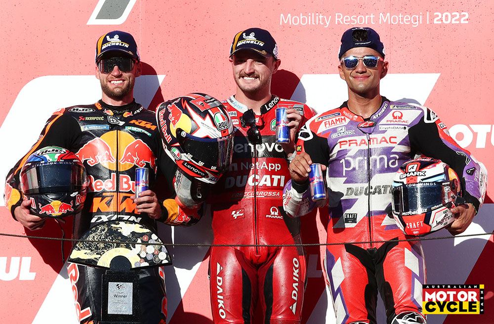 Jack Miller, Brad Binder, Jorge Martin podium, MotoGP race, Japanese MotoGP, 25 September 2022